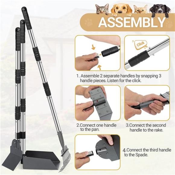 Dog Pooper Scooper, Dog Poop Tray and Rake Set with Long Stainless Handles - Picture 4 of 7